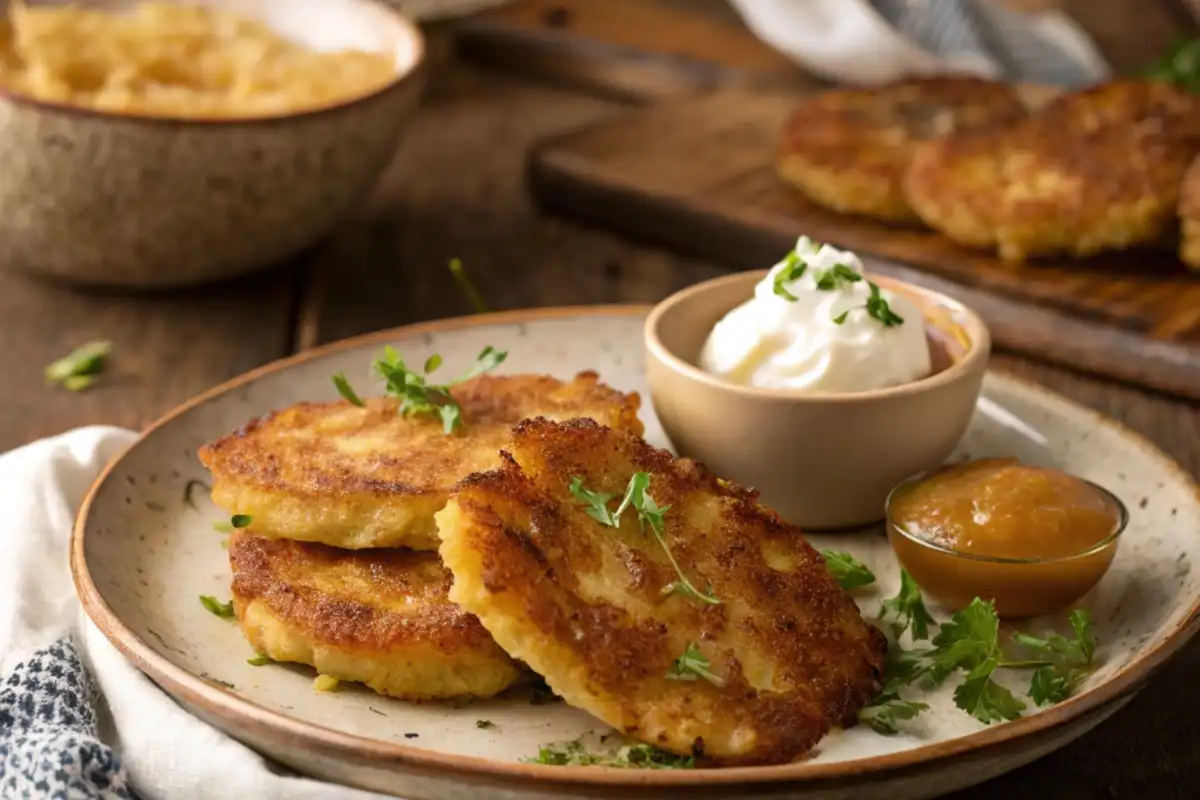 A plate of crispy golden-brown latkes served with sour cream and applesauce on a rustic wooden table.