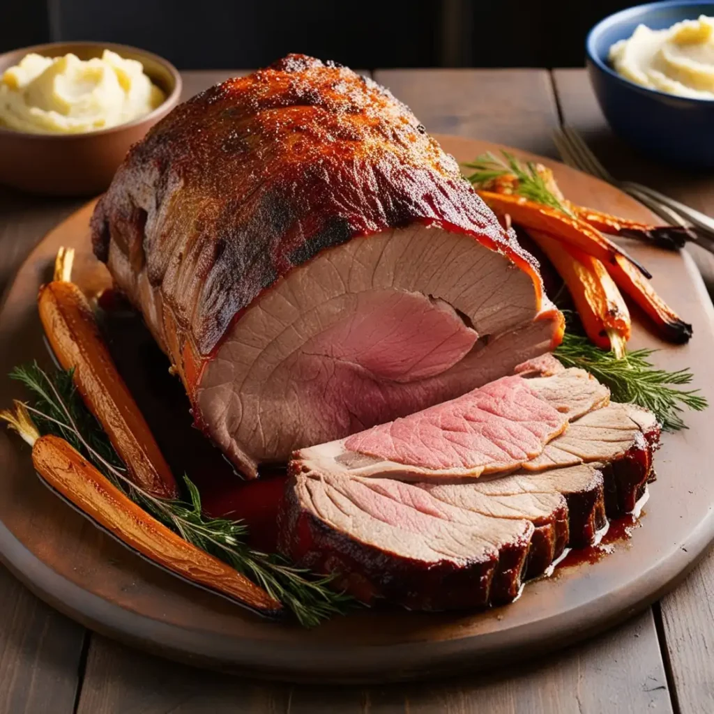 A beautifully cooked Poor Man’s Prime Rib roast with crispy golden-brown crust and juicy pink interior, served with roasted vegetables and mashed potatoes.