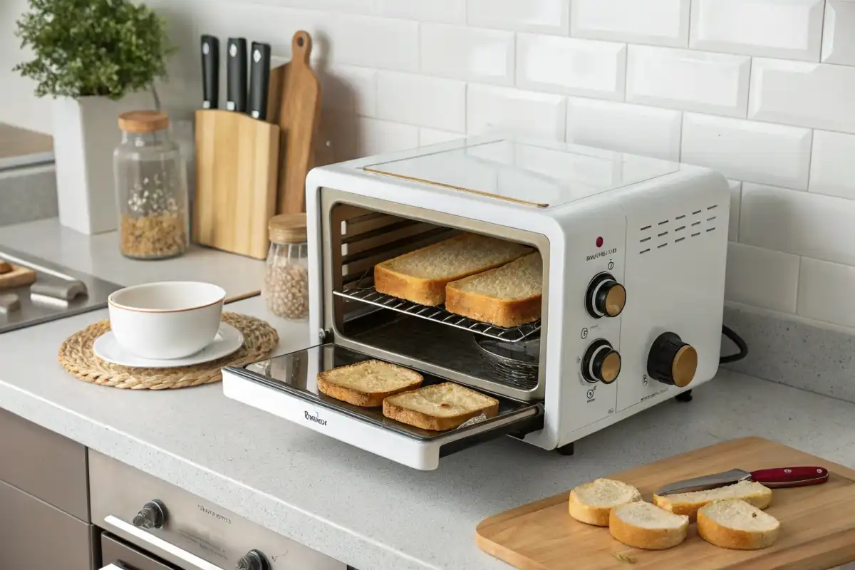 Mini oven toasting slices of bread with golden-brown crusts on the countertop.