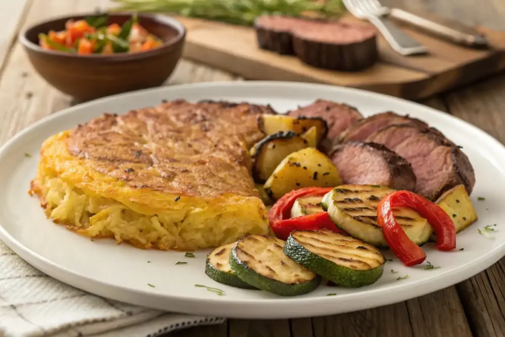 Golden-brown Swiss Rösti, a variation of potato pancakes, served with grilled vegetables and roasted meat.