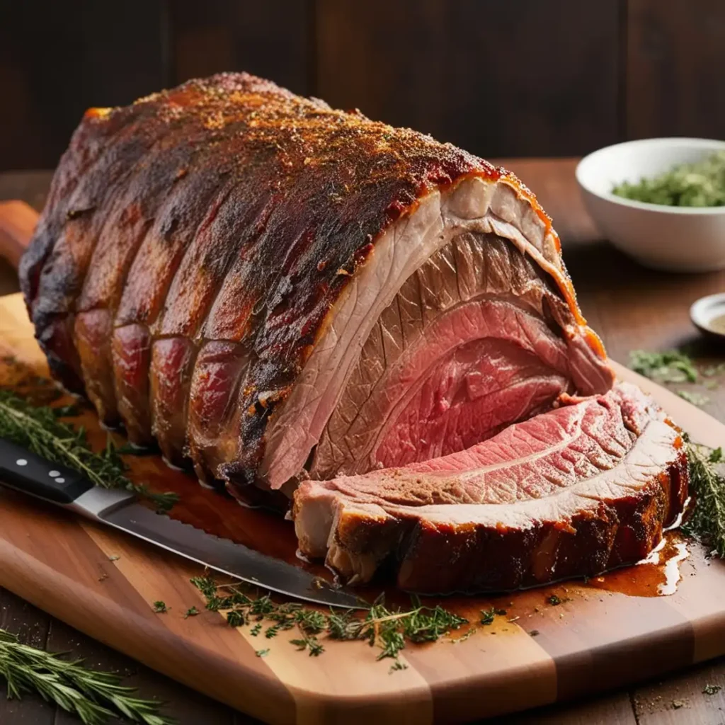 A perfectly roasted prime rib with a crispy golden-brown crust, placed on a wooden carving board surrounded by fresh herbs and seasonings.