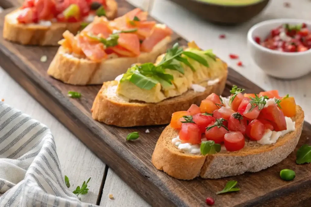 A rustic wooden platter featuring mini toasts topped with colorful ingredients like tomatoes, avocado, smoked salmon, and herbs.