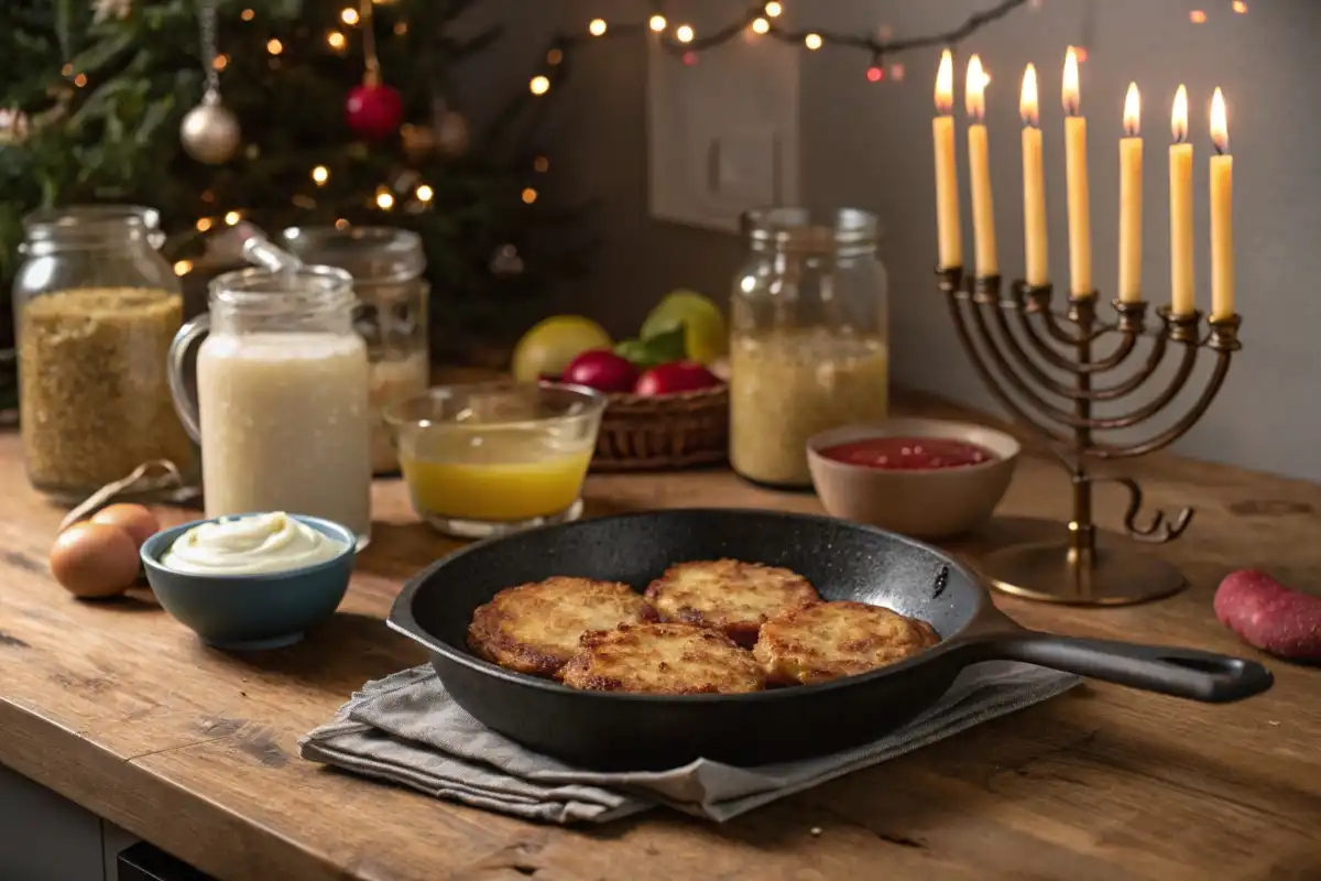 A cozy kitchen with traditional potato latkes frying in a cast-iron pan on the stove, surrounded by Hanukkah decorations like a menorah and dreidels.