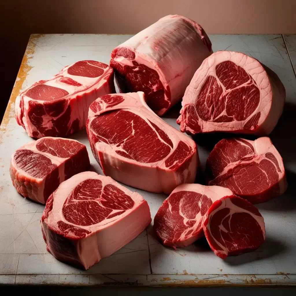 Close-up of different prime rib cuts, including Bone-In Prime Rib, Ribeye, and Delmonico Roast, neatly arranged on a butcher's counter.