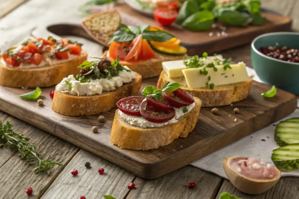 Charcuterie board showcasing small toast topped with creamy cheeses, fresh vegetables, and savory spreads on a rustic wooden table.