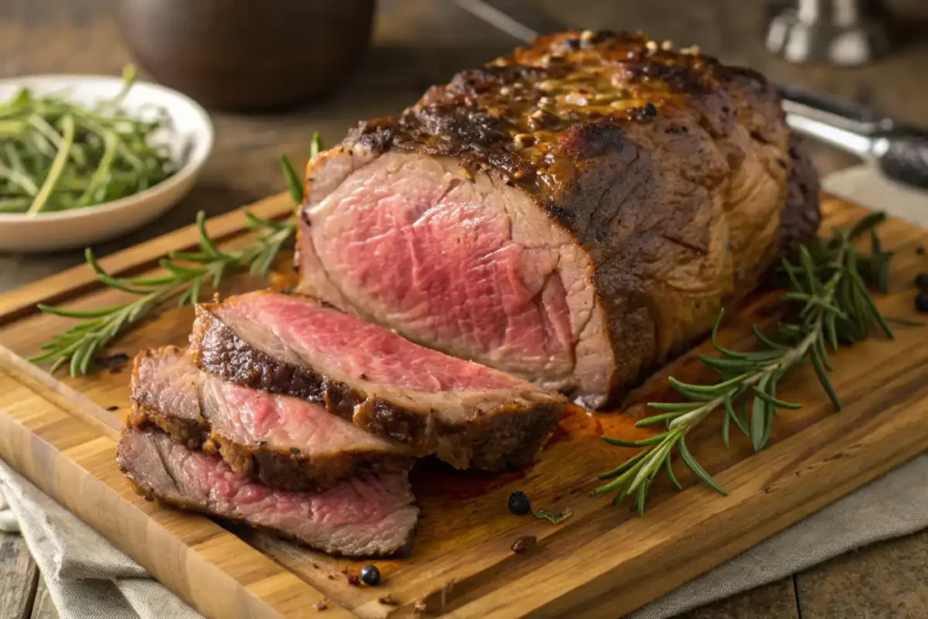 Ribeye roast, bone-in and boneless, served on a platter as a cheaper alternative to prime rib