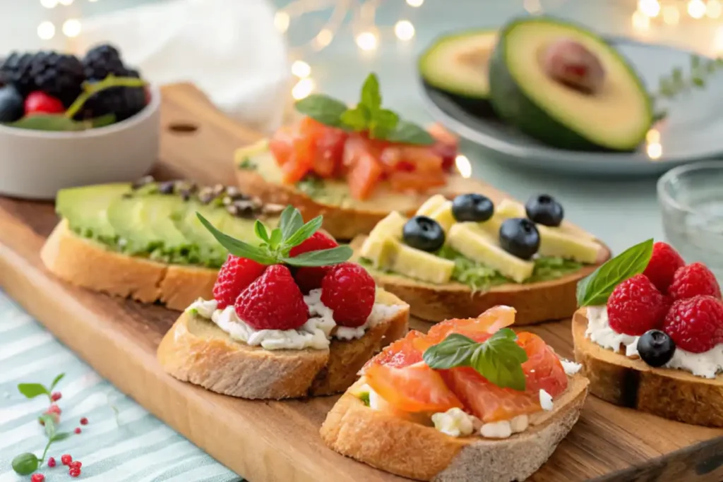 Platter of mini toast appetizers topped with avocado, smoked salmon, fresh berries, and cheese on a wooden board with a festive backdrop.