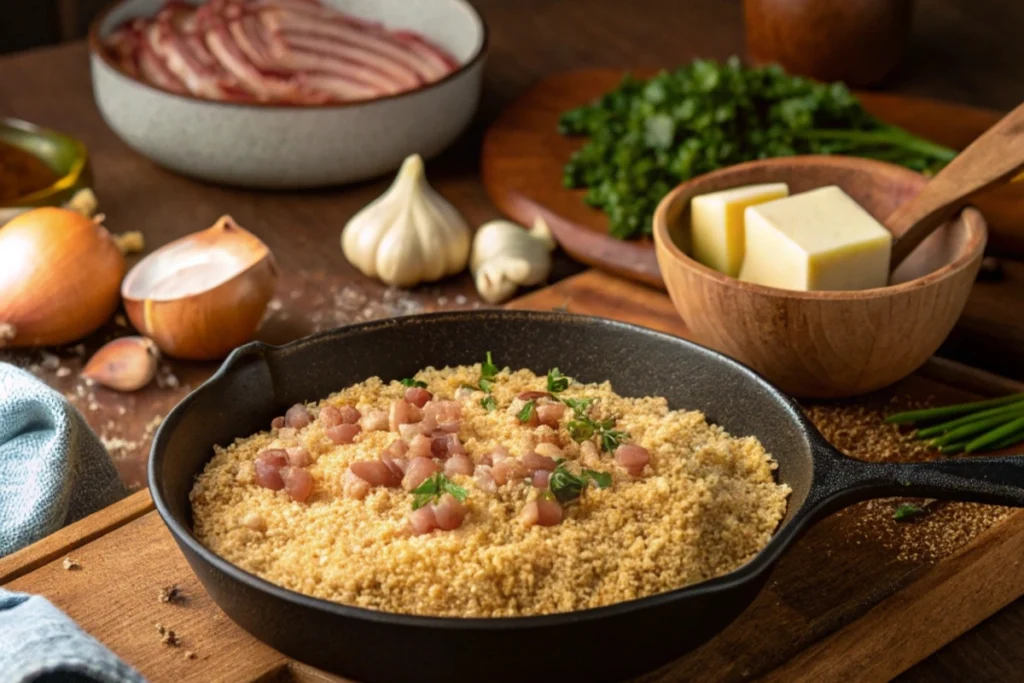 A skillet of golden Farofa with cassava flour, bacon, and herbs on a rustic wooden countertop surrounded by traditional cooking ingredients.