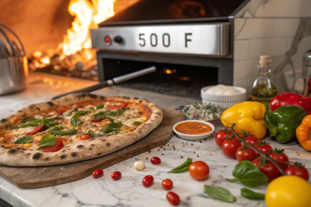 A chef pulling a Neapolitan pizza from a 500°F oven with flames visible and fresh ingredients on the countertop.