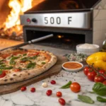 A chef pulling a Neapolitan pizza from a 500°F oven with flames visible and fresh ingredients on the countertop.