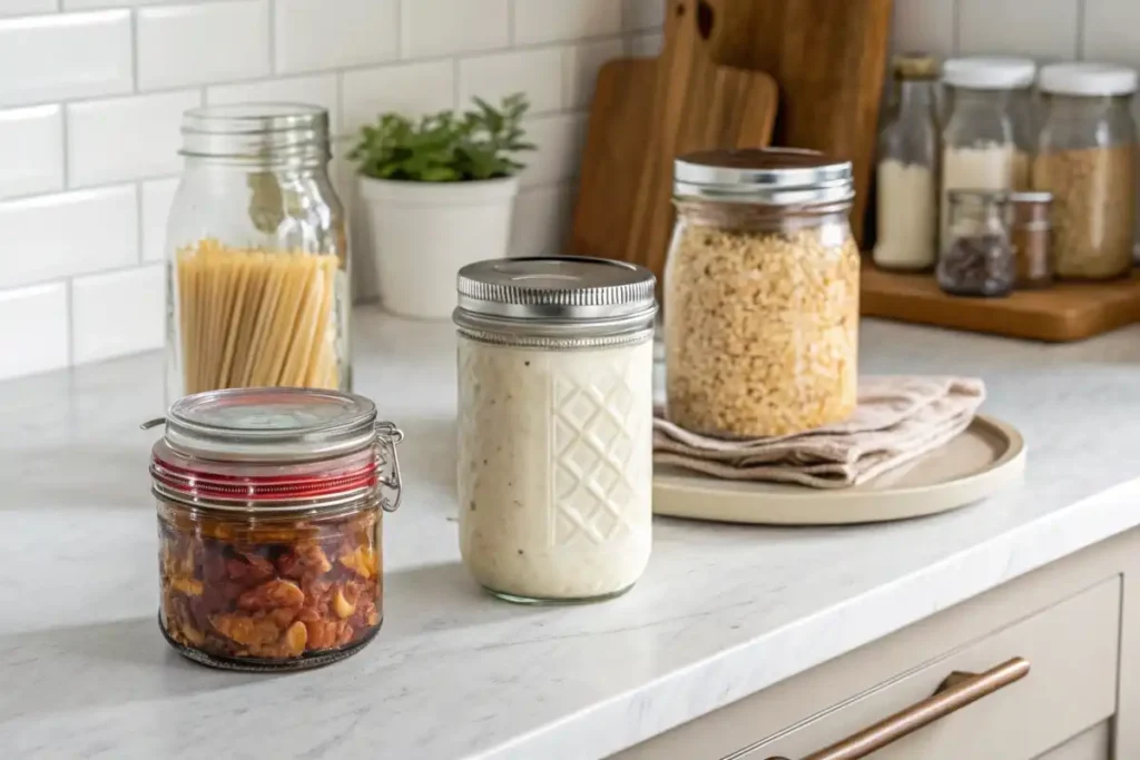 Various jars for sourdough starters on a kitchen countertop, including a glass jar, mason jar, and Weck jar with cloth and airtight covers.