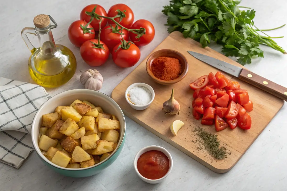 Fresh ingredients for Patatas Bravas, including diced potatoes, tomatoes, smoked paprika, garlic, olive oil, and a chopping board in a kitchen.