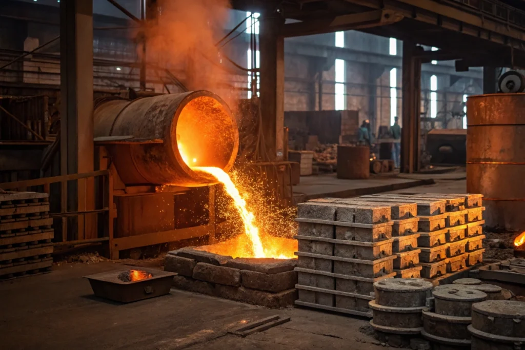 A worker shapes glowing molten metal in a workshop with a 500°F furnace and tools in the background.