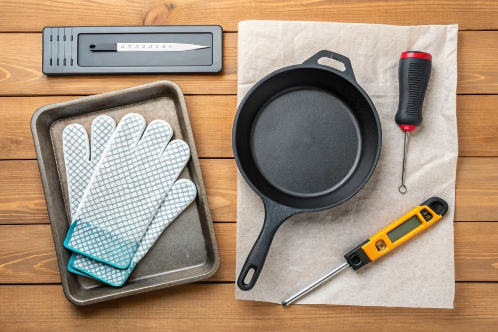 A flat lay of high-heat tools including a thermometer, cast iron skillet, heat-resistant gloves, and a baking sheet.