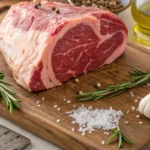 Raw marbled prime rib roast on a wooden cutting board surrounded by fresh rosemary, garlic cloves, coarse salt, and a chef’s knife