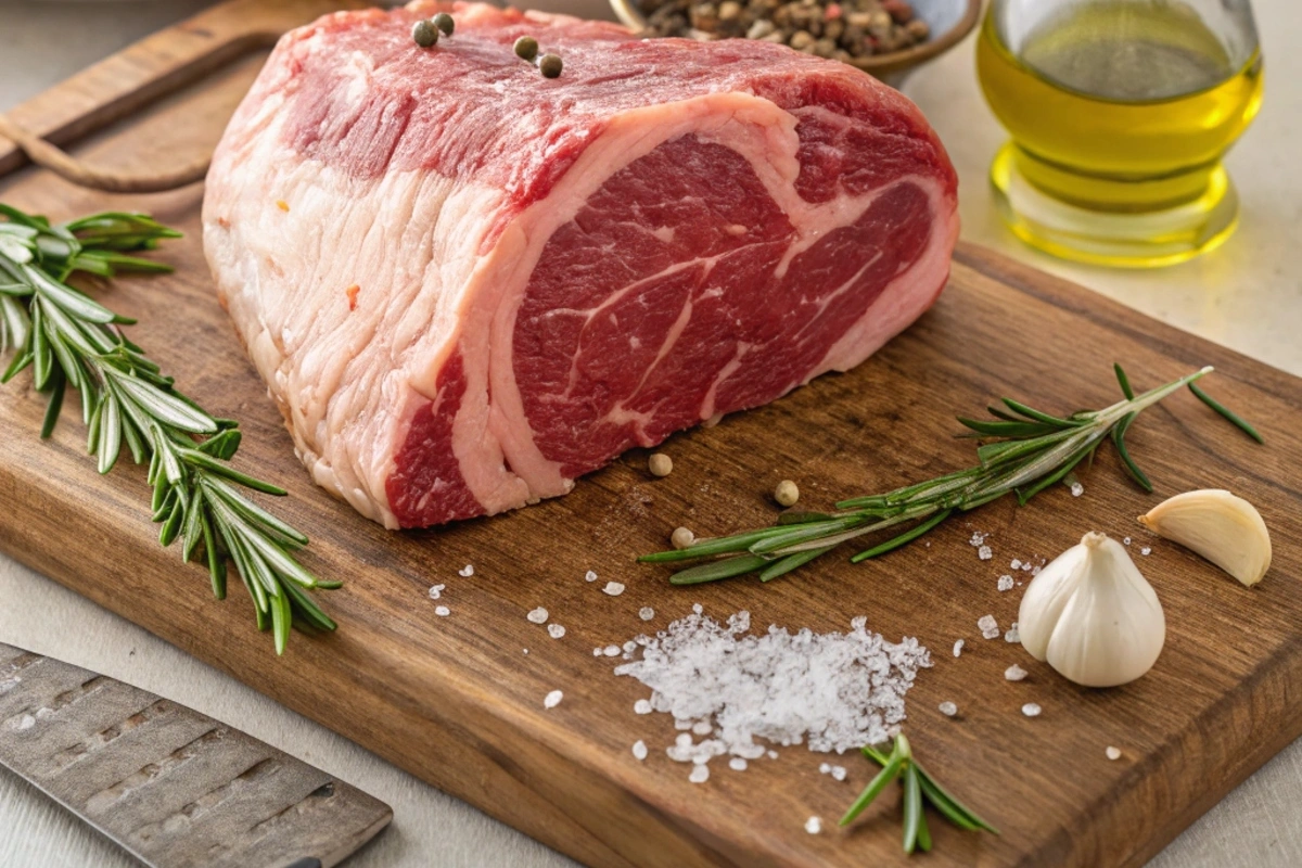 Raw marbled prime rib roast on a wooden cutting board surrounded by fresh rosemary, garlic cloves, coarse salt, and a chef’s knife