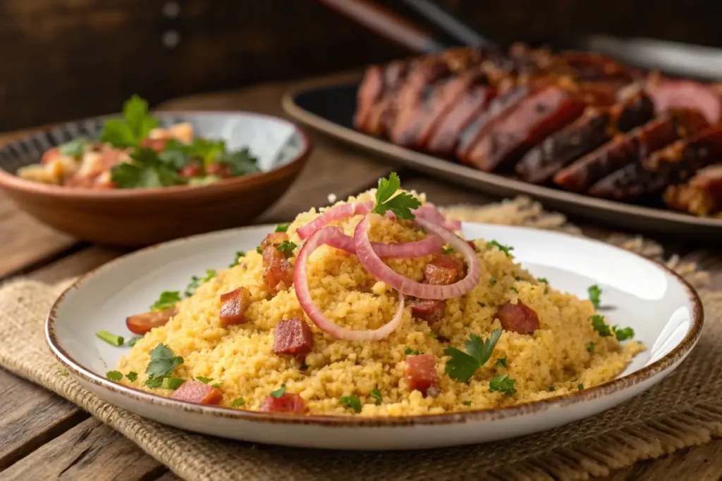 Traditional farofa dish served at a Brazilian barbecue with crispy bacon, onions, and parsley on a rustic wooden table.