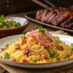 Traditional farofa dish served at a Brazilian barbecue with crispy bacon, onions, and parsley on a rustic wooden table.