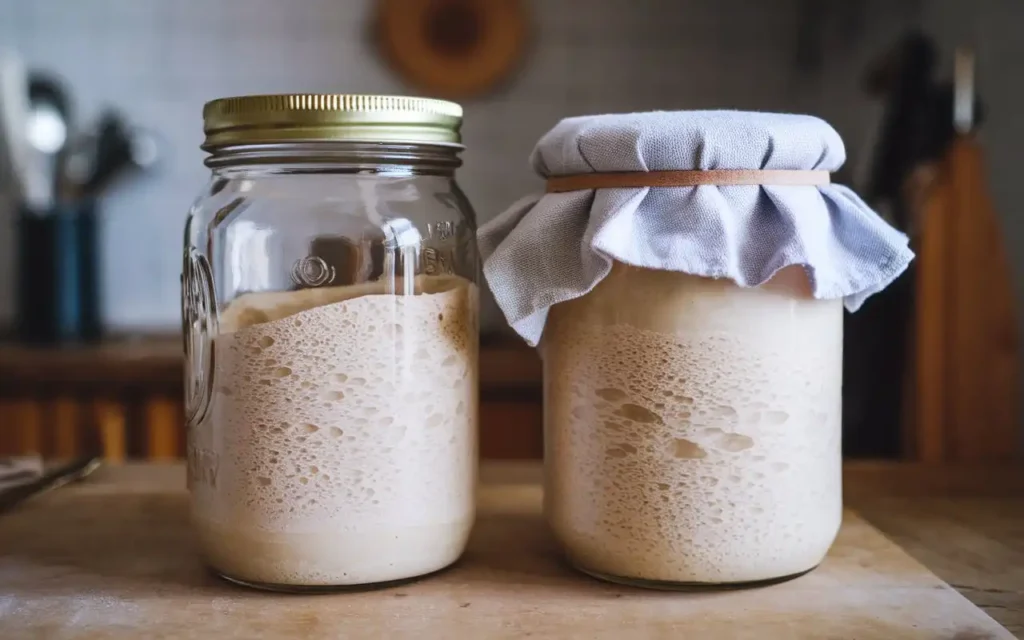 A sourdough starter jar covered with a breathable cloth secured by a rubber band, sitting on a wooden countertop in a well-lit kitchen