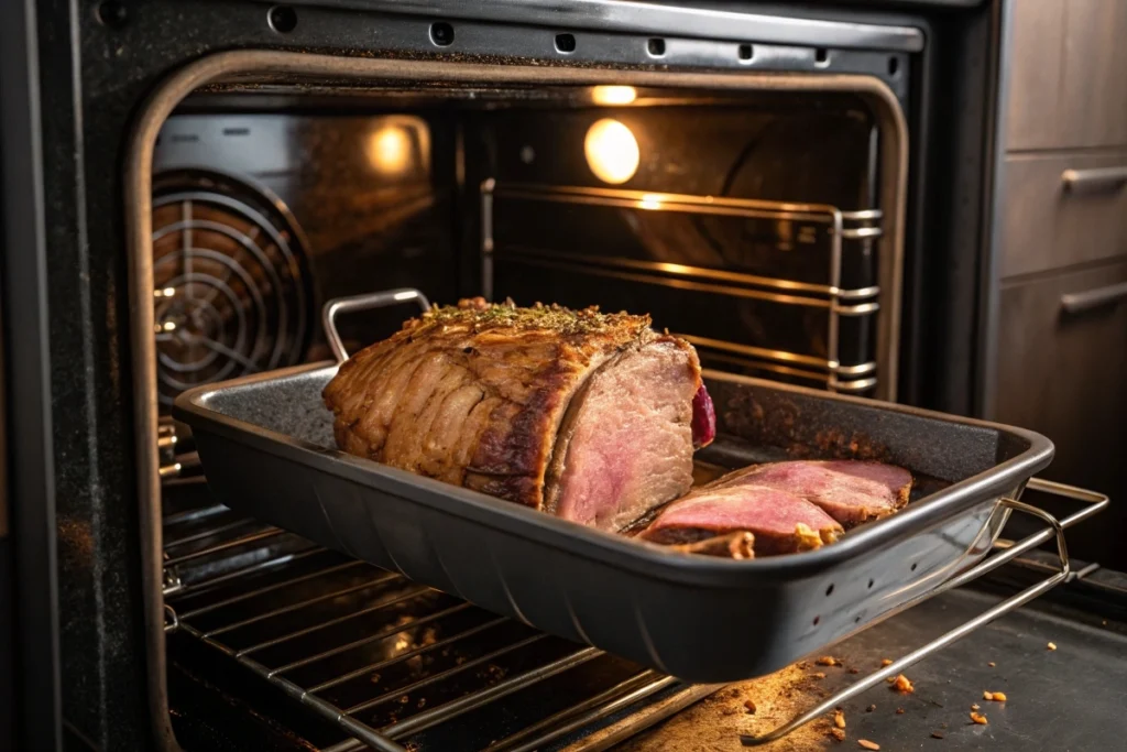 Prime rib roast with a browned crust cooking on a rack in a roasting pan inside a warm oven