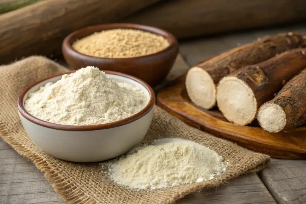 Close-up of cassava roots, white cassava flour, and toasted farinha displayed on a rustic wooden table.