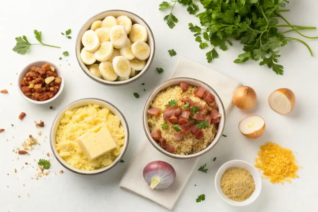 Flat lay of farofa variations, including egg farofa, banana farofa, and bacon farofa, with ingredients like garlic, butter, and herbs.