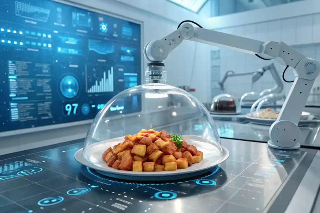 A futuristic culinary lab with a plate of Patatas Bravas under a glass dome, robotic arms, and data screens analyzing the dish.