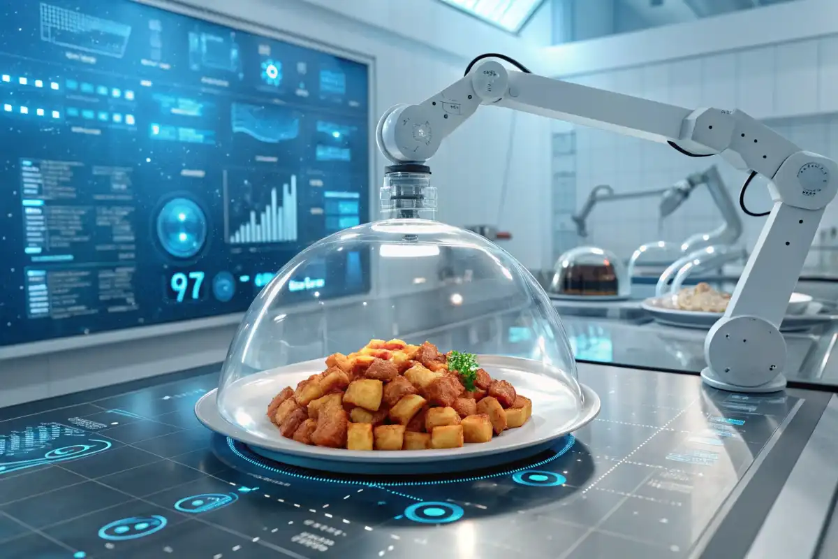 A futuristic culinary lab with a plate of Patatas Bravas under a glass dome, robotic arms, and data screens analyzing the dish.