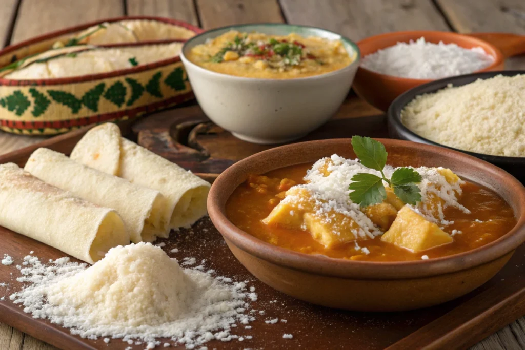 Traditional Brazilian dishes made with cassava flour, including a bowl of pirão and tapioca crepes filled with cheese and coconut.