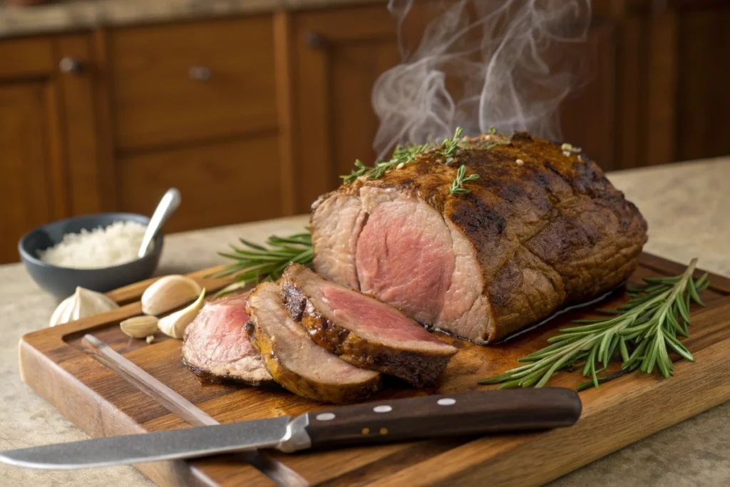 A perfectly roasted prime rib with a golden-brown crust, sliced to reveal a medium-rare center, garnished with fresh rosemary and garlic.