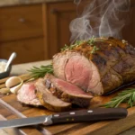 A perfectly roasted prime rib with a golden-brown crust, sliced to reveal a medium-rare center, garnished with fresh rosemary and garlic.