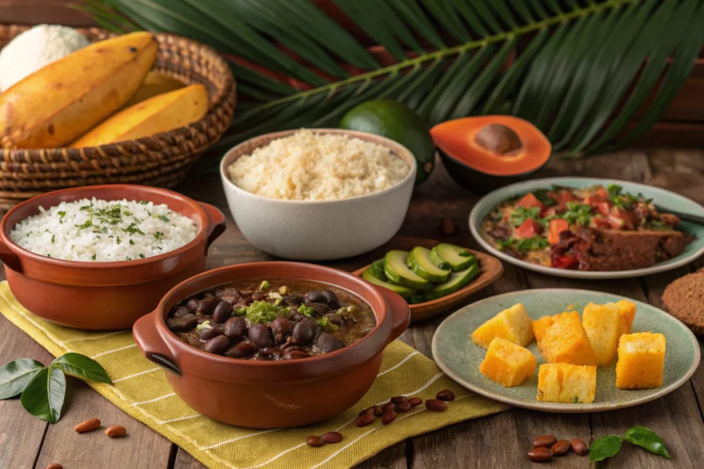 A vibrant spread of traditional Brazilian dishes on a rustic wooden table, including feijoada, rice and beans with farofa, pão de queijo, and grilled meats, garnished with grated cheese and coconut flakes.