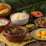 A vibrant spread of traditional Brazilian dishes on a rustic wooden table, including feijoada, rice and beans with farofa, pão de queijo, and grilled meats, garnished with grated cheese and coconut flakes.