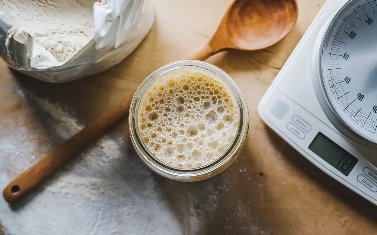 A top-down view of a rustic kitchen counter displaying a glass jar of bubbly sourdough starter, surrounded by a wooden spoon, a bag of flour, and a digital scale on a clean wooden surface with natural lighting.