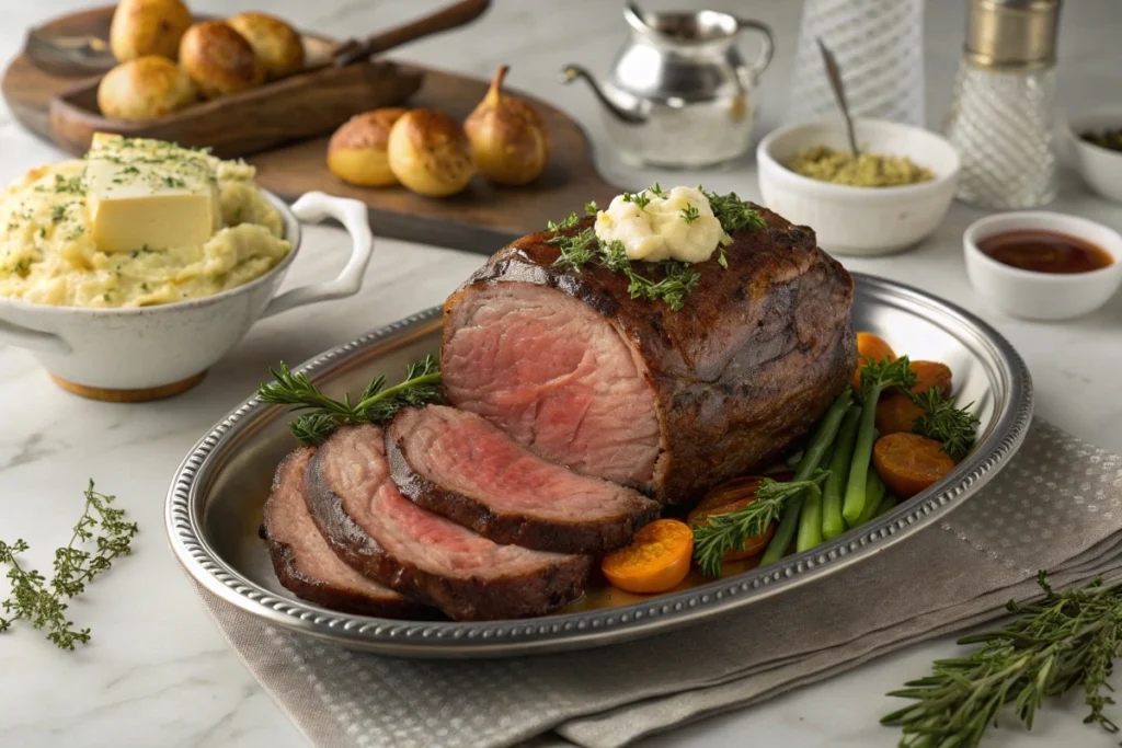 An elegant dinner table setup featuring a whole prime rib roast with herb butter, surrounded by mashed potatoes, roasted vegetables, and Yorkshire pudding.

