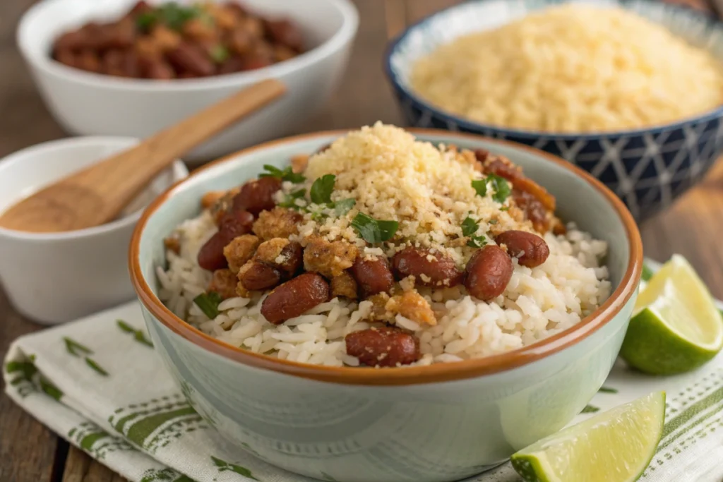 Close-up of a bowl of rice and beans topped with toasted cassava flour (farofa) and grated parmesan cheese, surrounded by small bowls of garnishes and lime wedges.