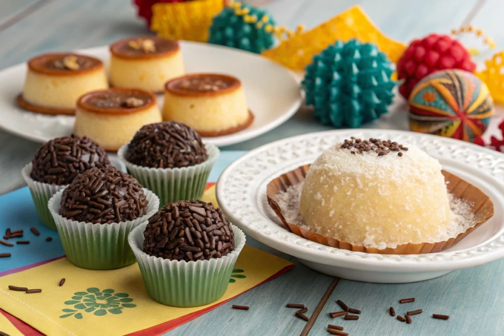 Traditional Brazilian desserts including brigadeiros with chocolate sprinkles, bolo de coco topped with coconut flakes, and tapioca pudding drizzled with condensed milk on a festive table.