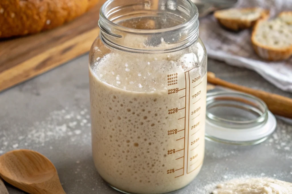 Clear glass jar filled with bubbly sourdough starter on a rustic kitchen counter with flour and bread-making tools.