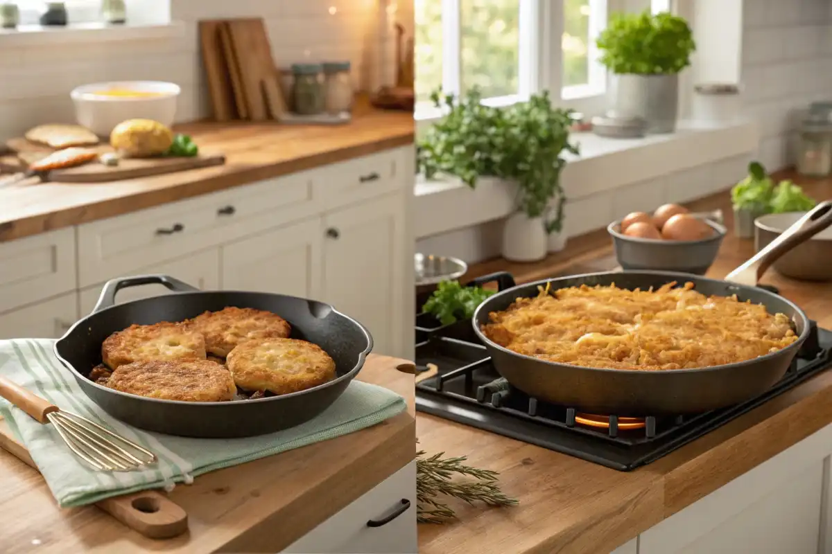 A side-by-side comparison of latkes and hash browns frying in skillets.