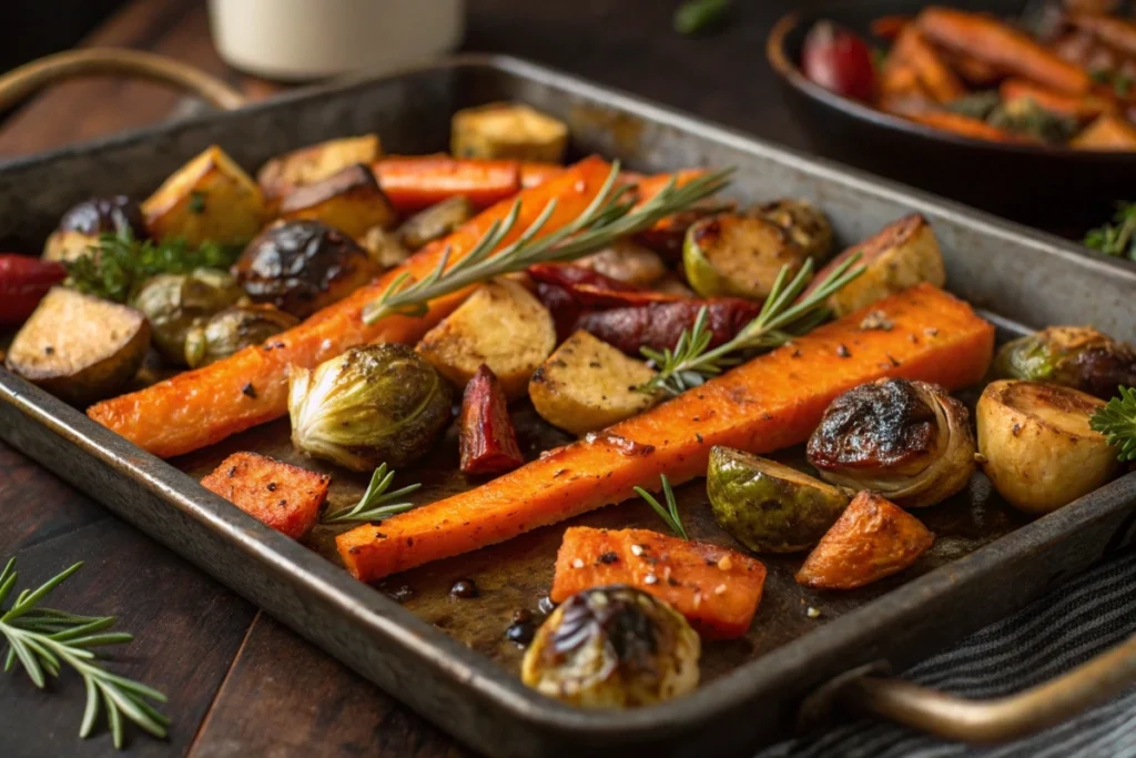 A baking tray filled with roasted vegetables like carrots, Brussels sprouts, and potatoes, caramelized to golden perfection with olive oil and herbs.