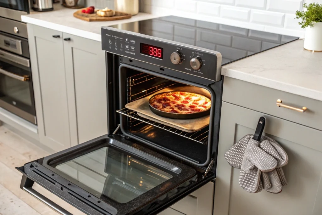 An open oven with a preheated cast-iron skillet and pizza stone, showing tools ready for cooking at 500 degrees in a modern kitchen.