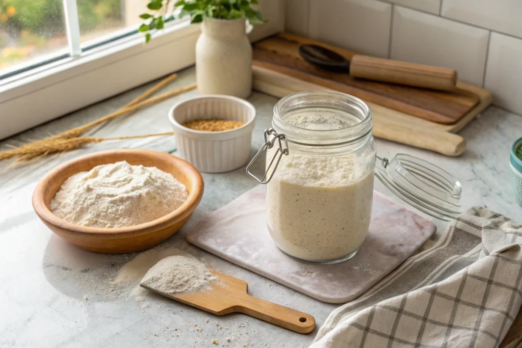 Top-down view of essential supplies for sourdough starter jar maintenance, including a clean glass jar, flour, a spatula, and a cloth on a kitchen countertop.