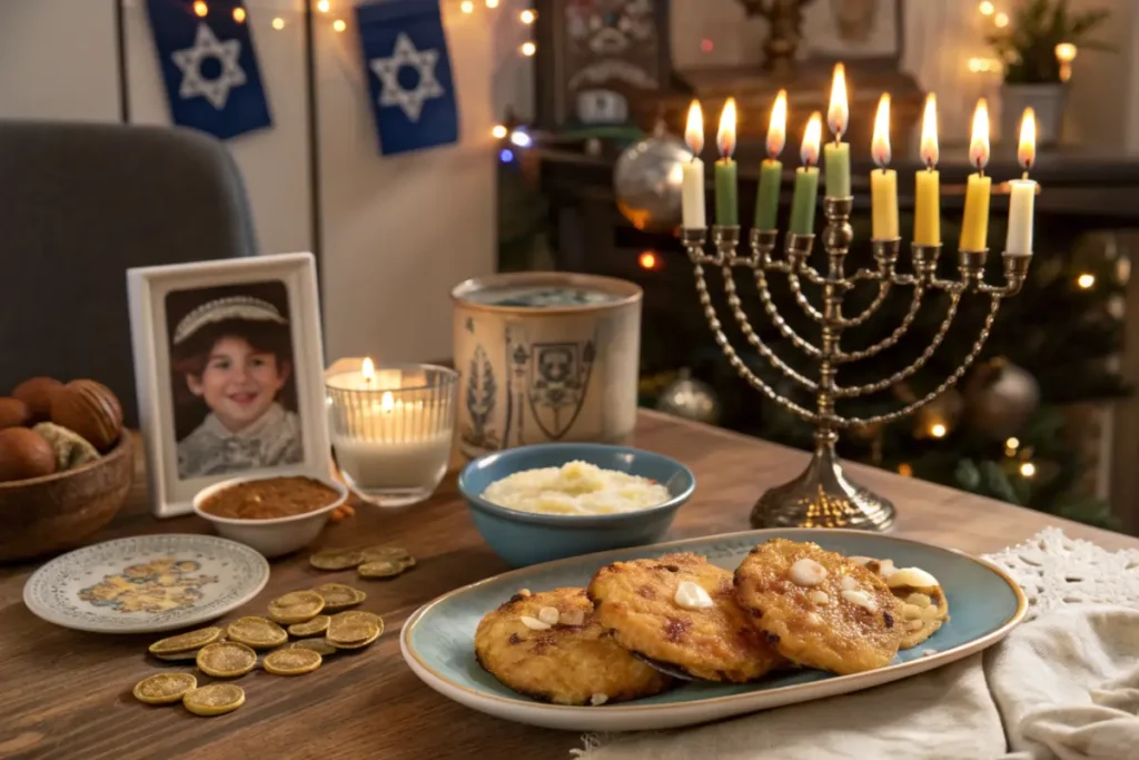 A Hanukkah dinner table with lit candles, a menorah, crispy latkes, sour cream, and applesauce, surrounded by festive decorations like dreidels and chocolate coins.